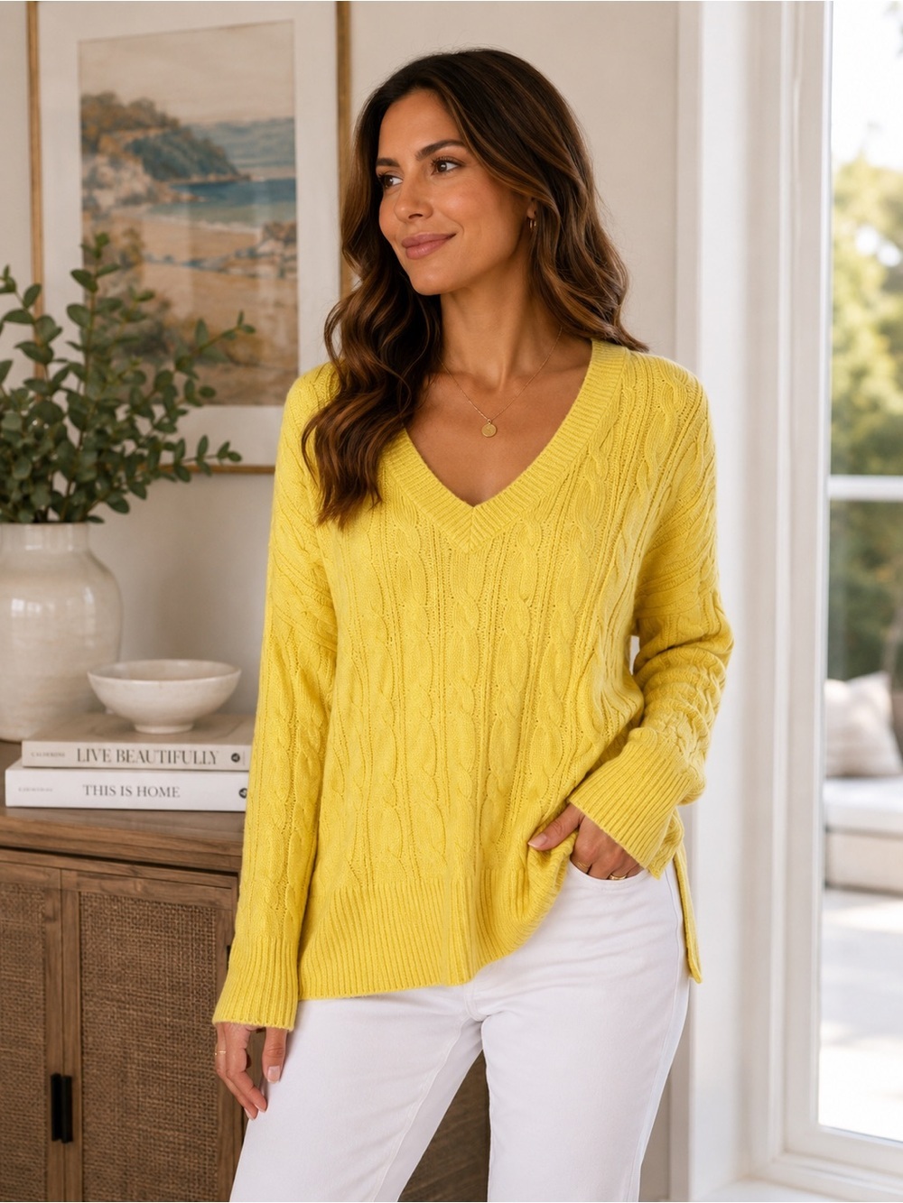 NWT Yellow V Neck Hi Low Hem sweater Jones Company Jones New York S Fall cotton